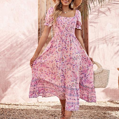 Polyester One-piece Dress slimming printed pink PC