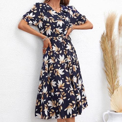 Polyester Waist-controlled One-piece Dress slimming printed deep blue PC