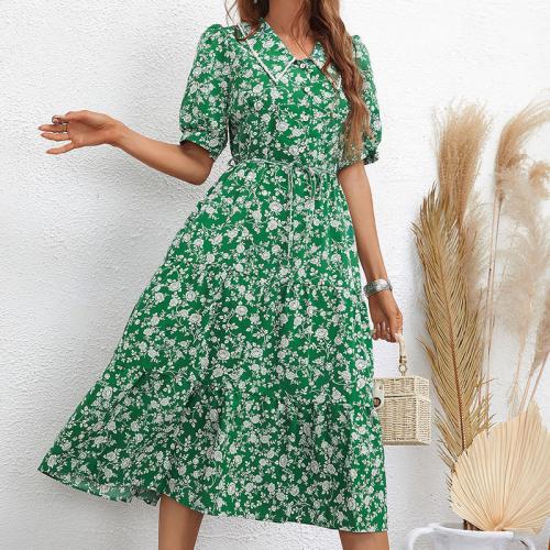 Polyester Waist-controlled One-piece Dress slimming printed shivering green PC