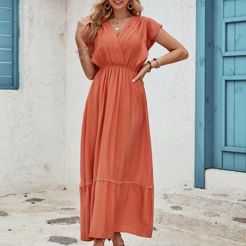 Polyester Waist-controlled One-piece Dress deep V Solid orange PC