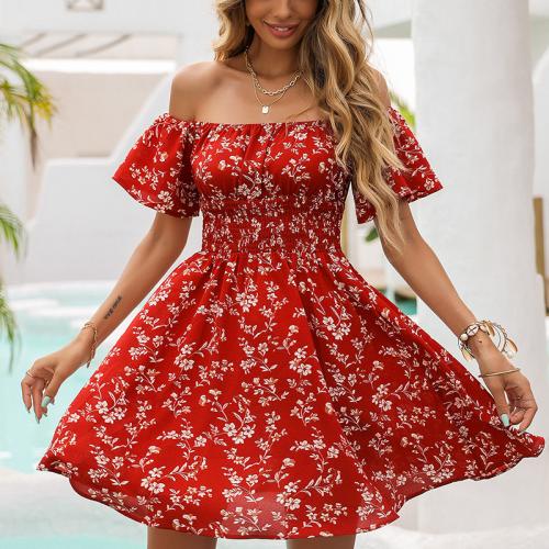Polyester Waist-controlled One-piece Dress & off shoulder printed red PC