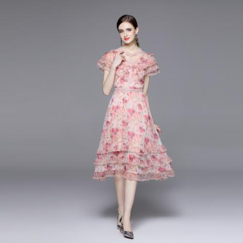 Polyester High Waist One-piece Dress slimming & double layer printed shivering pink PC
