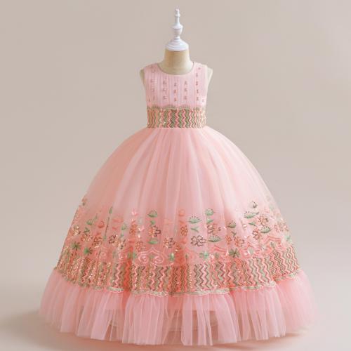 Sequin & Gauze & Cotton Princess Girl One-piece Dress large hem design & breathable pink PC