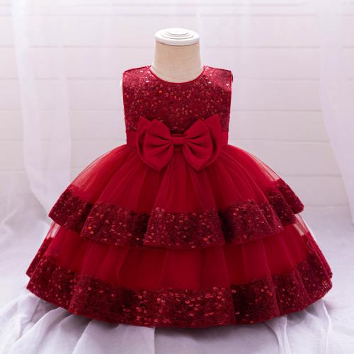 Sequin & Gauze & Cotton Ball Gown Girl One-piece Dress large hem design Solid PC