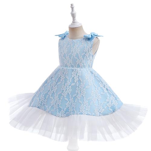 Gauze & Cotton Ball Gown Girl One-piece Dress with bowknot & breathable blue PC