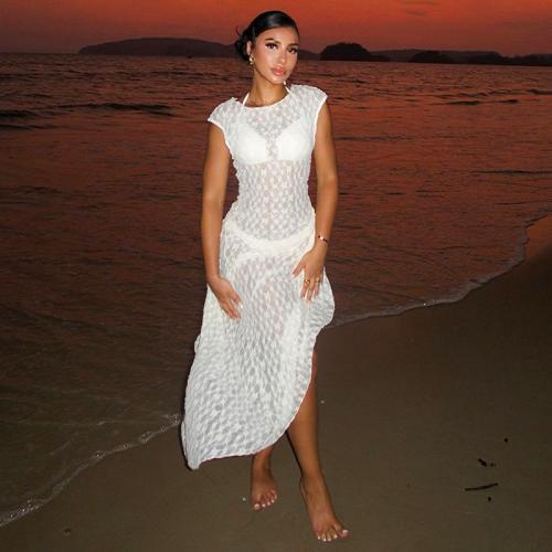 Polyester Slim One-piece Dress see through look white PC