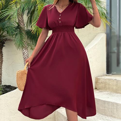 Polyester Waist-controlled One-piece Dress slimming & deep V Solid wine red PC