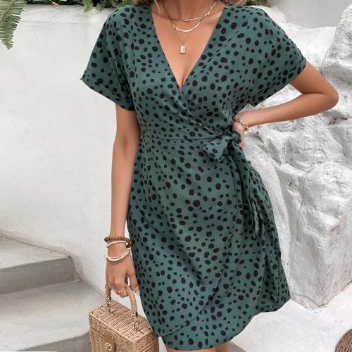 Polyester One-piece Dress slimming & deep V printed green PC