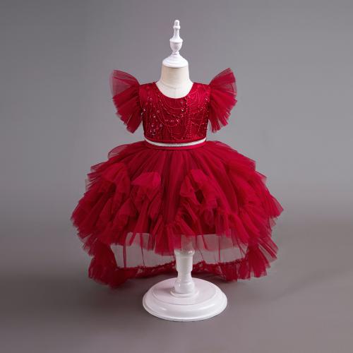 Plastic Pearl & Gauze & Polyester Princess Girl One-piece Dress & short front long back Solid PC