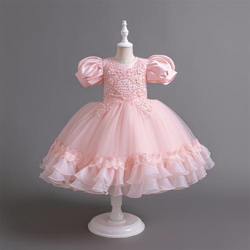 Plastic Pearl & Gauze & Polyester Princess & Ball Gown Girl One-piece Dress Cute Solid PC
