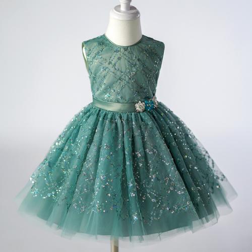 Sequin & Gauze & Polyester Princess & Ball Gown Girl One-piece Dress & breathable Solid green PC