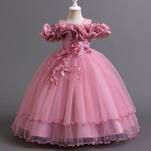 Gauze & Polyester Princess Girl One-piece Dress large hem design & breathable Solid PC