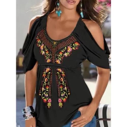 Polyester Plus Size Women Short Sleeve T-Shirts & off shoulder printed PC