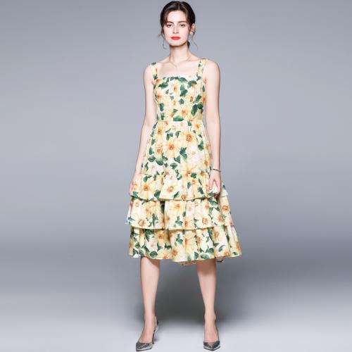 Polyester Layered Slip Dress backless & breathable printed floral yellow PC