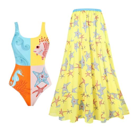 Spandex & Polyester One-piece Swimsuit  & padded printed yellow PC