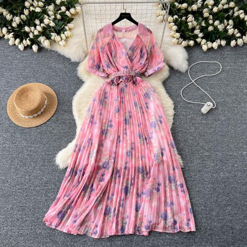 Chiffon Waist-controlled & Pleated One-piece Dress slimming & deep V shivering : PC