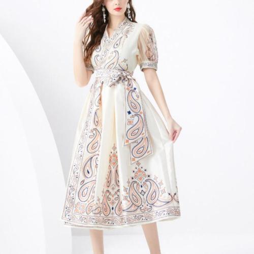 Chiffon Waist-controlled & long style & Plus Size One-piece Dress slimming & deep V Apricot PC
