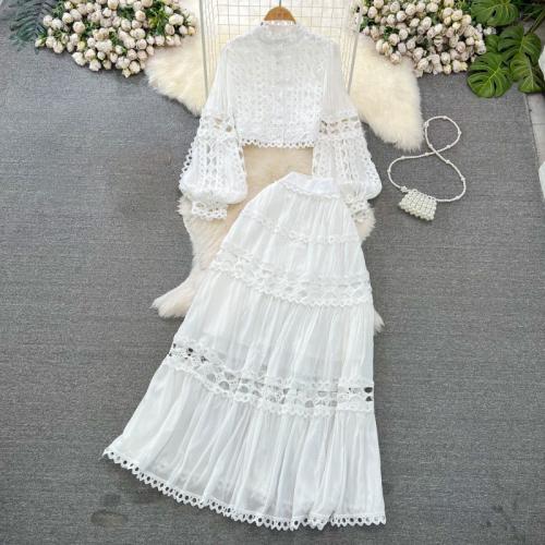 Polyester Two-Piece Dress Set double layer & two piece & hollow white Set