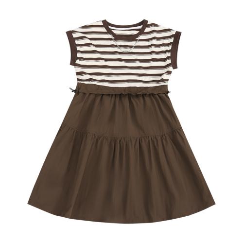 Viscose Fiber & Polyester & Cotton Girl One-piece Dress & loose & breathable patchwork striped PC