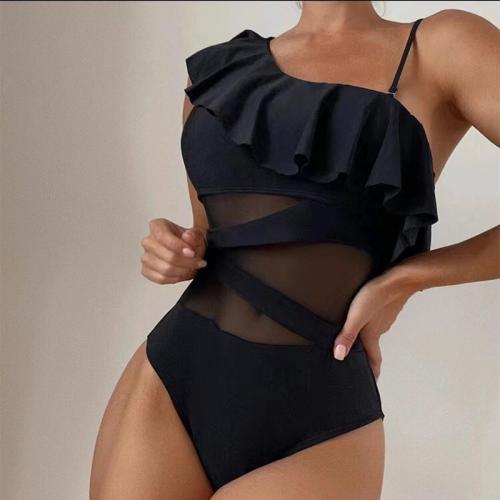 Polyester scallop One-piece Swimsuit & padded & One Shoulder Solid PC