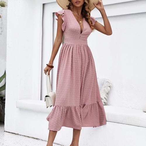 Polyester front slit One-piece Dress slimming & deep V pink PC
