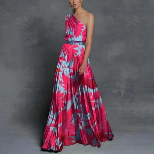 Polyester One-piece Dress large hem design & One Shoulder printed leaf pattern PC