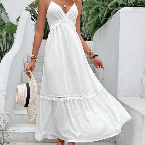 Polyester Waist-controlled Slip Dress deep V & backless Solid white PC