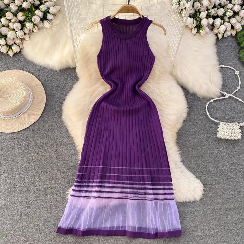 Knitted & Gauze Waist-controlled One-piece Dress slimming patchwork Solid : PC