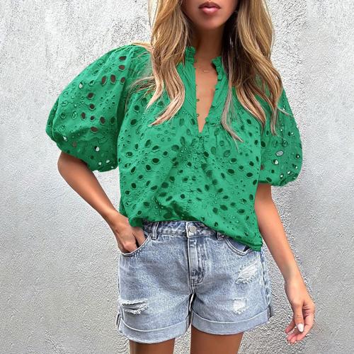 Polyester Women Short Sleeve Shirt & loose & hollow Solid PC