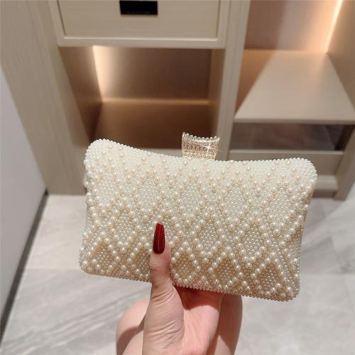 Plastic Pearl & Polyester Easy Matching Clutch Bag with rhinestone white PC