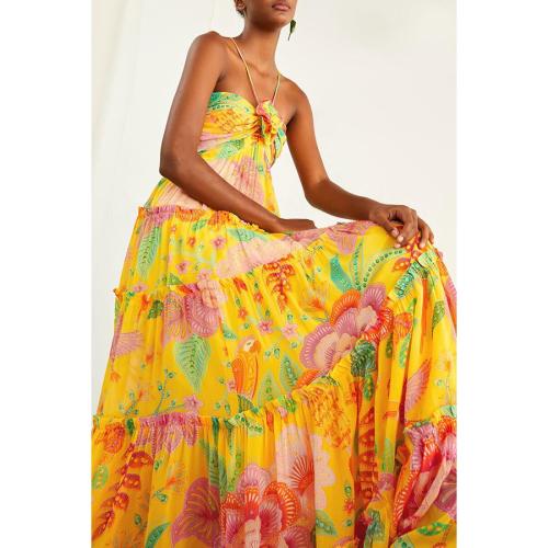 Polyester long style Slip Dress printed floral yellow PC