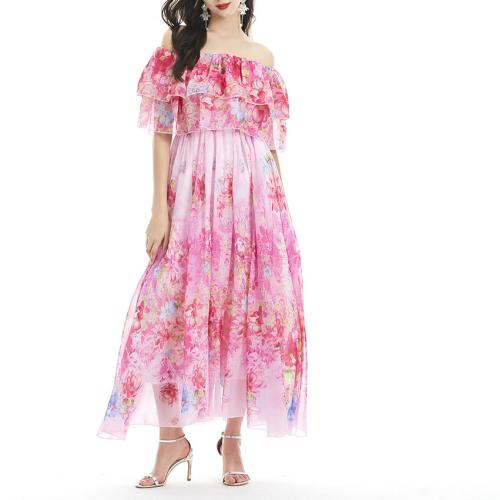 Chiffon One-piece Dress slimming & off shoulder pink :L PC