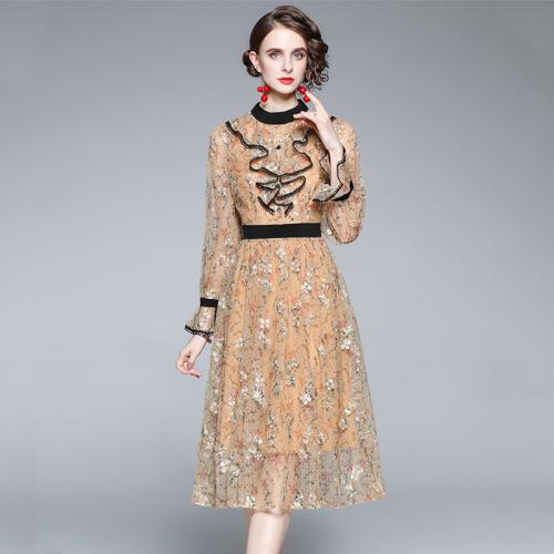 Polyester scallop & High Waist One-piece Dress slimming embroidered yellow PC