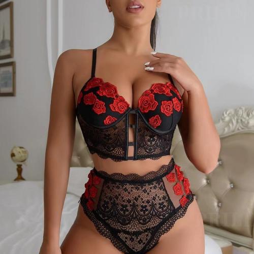 Lace & Polyester Sexy Bra Set backless & two piece & hollow floral red Set