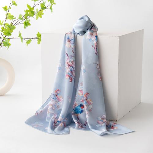 Natural Silk Silk Scarf sun protection printed floral light blue PC