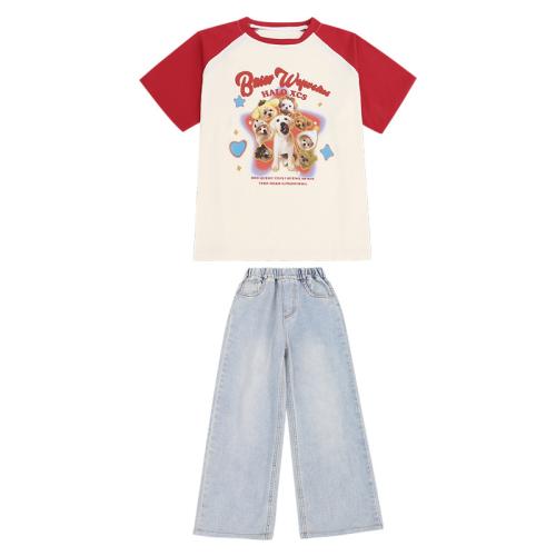 Cotton Children Clothes Set & loose Pants & top patchwork Puppy Pattern Set