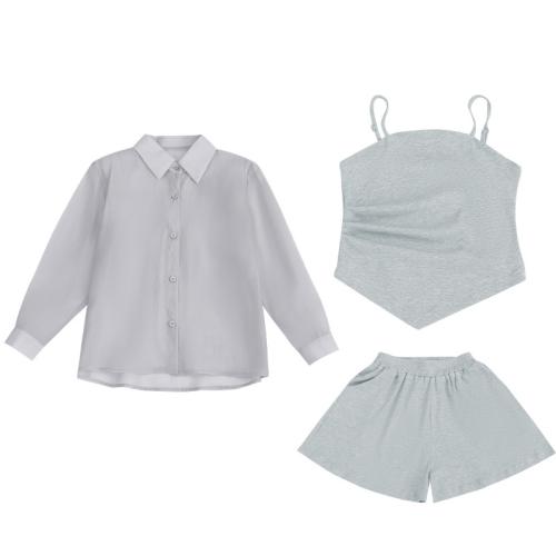 Cotton Children Clothes Set & three piece & loose Pants & camis & coat patchwork Solid gray Set