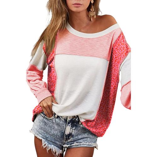 Spandex & Polyester & Cotton Women Long Sleeve T-shirt & loose printed leopard pink PC