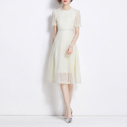 Lace Waist-controlled One-piece Dress slimming Solid Apricot PC
