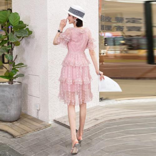 Gauze Waist-controlled One-piece Dress slimming pink PC