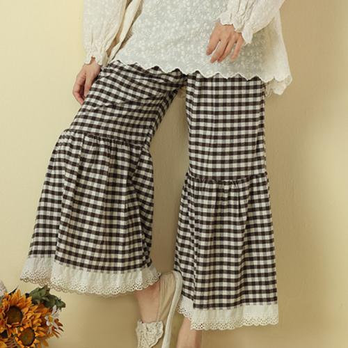 Cotton Linen Nine Point Pants & bell-bottom Women Capri Pants loose plaid : PC