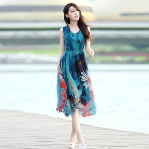 Polyester Einteiliges Kleid, Gedruckt, himmelblau,  Stück
