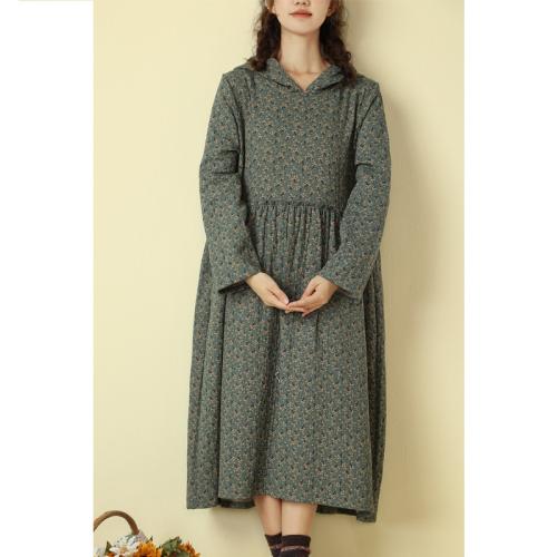 Cotton Linen One-piece Dress loose printed : PC