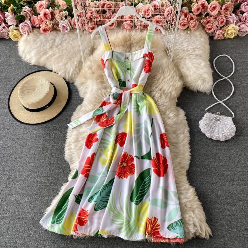 Polyester Waist-controlled One-piece Dress backless & off shoulder printed PC