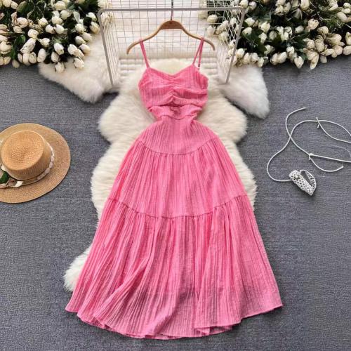 Polyester Beach Dress One-piece Dress double layer & off shoulder Solid pink PC