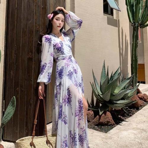 Polyester Slim One-piece Dress side slit printed shivering white PC