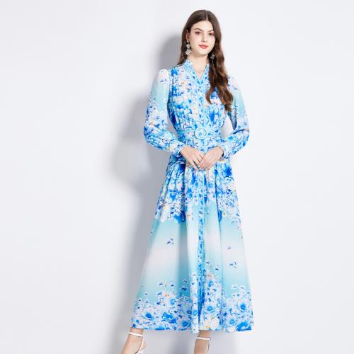 Polyester Waist-controlled & Soft One-piece Dress large hem design printed floral blue PC
