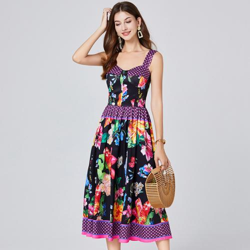 Polyester One-piece Dress backless & off shoulder & breathable printed floral purple PC