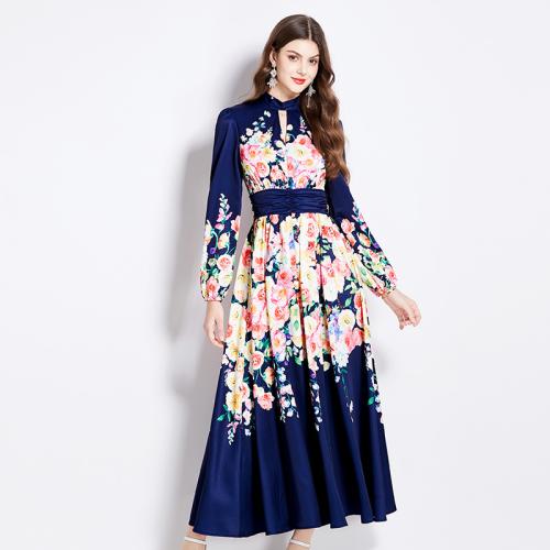 Polyester Waist-controlled One-piece Dress large hem design & breathable printed floral blue PC