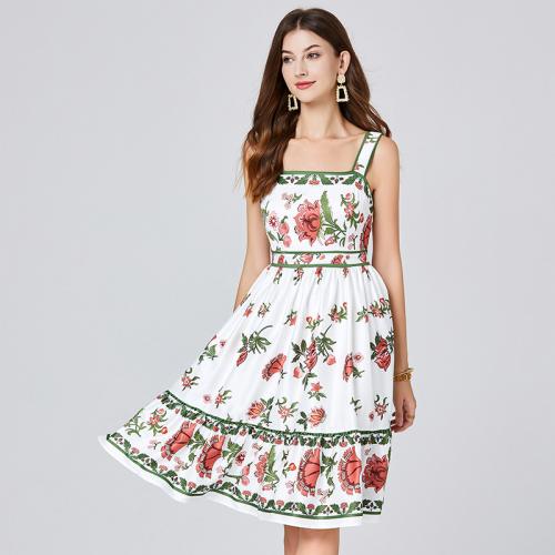 Polyester One-piece Dress backless & off shoulder & loose printed floral white PC